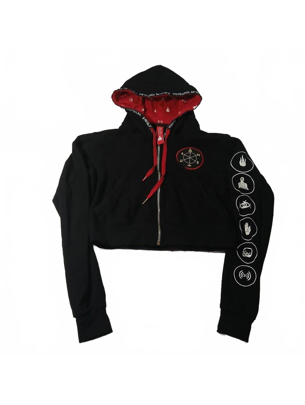 Vintage Black Cropped Zip Hoodie Red Lining Graphic Goth Streetwear Y2K